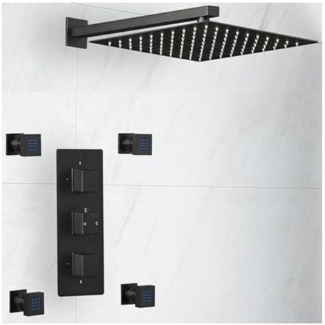 Milano Preto 2 Outlet Triple Thermostatic Mixer Shower Valve with 300mm Wall Mounted Square Rainfall Shower Head and Four Body Jets