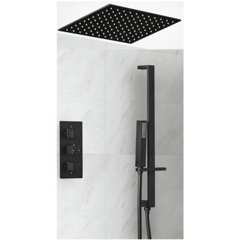 Milano Preto 2 Outlet Triple Thermostatic Mixer Shower Valve with 400mm Ceiling Mounted Square Recessed Rainfall Shower Head and Hand Shower Handset Riser Rail Bar Kit