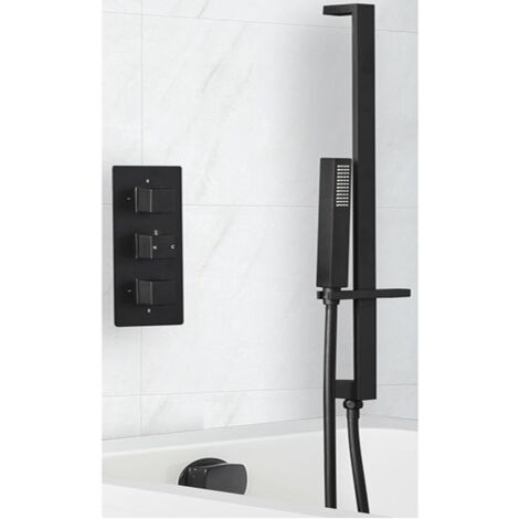 Milano Preto 2 Outlet Triple Thermostatic Mixer Shower Valve with Hand Shower Handset Slide Rail Bar Kit and Overflow Bath Filler Tap