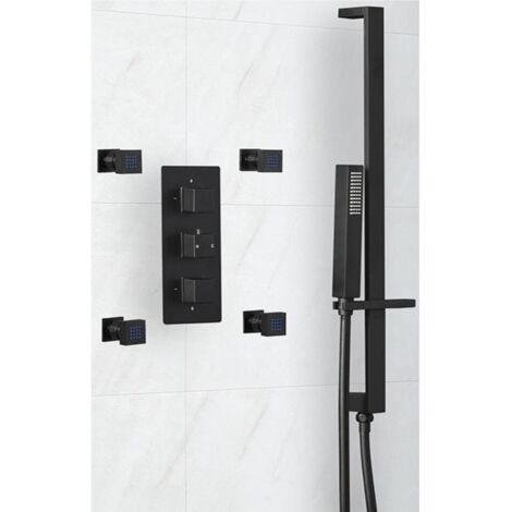 Milano Preto 2 Outlet Triple Thermostatic Mixer Shower Valve with Hand Shower Handset Slide Rail Kit and Four Body Jets