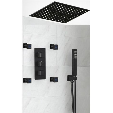 Milano Preto 3 Outlet Triple Diverter Thermostatic Mixer Shower Valve with 400mm Ceiling Mounted Square Recessed Rainfall Shower Head Hand Shower Handset Kit and Body Jets – Black