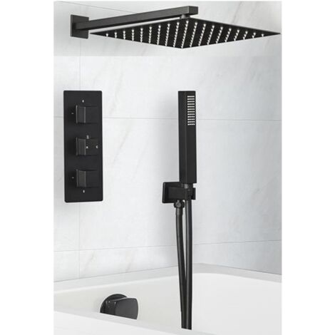 Milano Preto 3 Outlet Triple Diverter Thermostatic Mixer Valve with 300mm Wall Mounted Square Rainfall Shower Head  Hand Shower Handset Kit and Overflow Bath Filler Tap