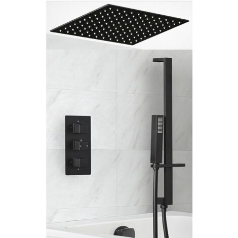 Milano Preto 3 Outlet Triple Diverter Thermostatic Mixer Valve with 400mm Ceiling Mounted Recessed Rainfall Shower Head Hand Shower Slide Rail Bar Kit and Overflow Bath Filler