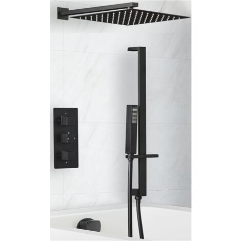 Milano Preto 3 Outlet Triple Thermostatic Mixer Shower Valve with Wall Mounted 300mm Square Rainfall Shower Head Hand Shower Handset Slide Rail Kit and Overflow Bath Filler Tap