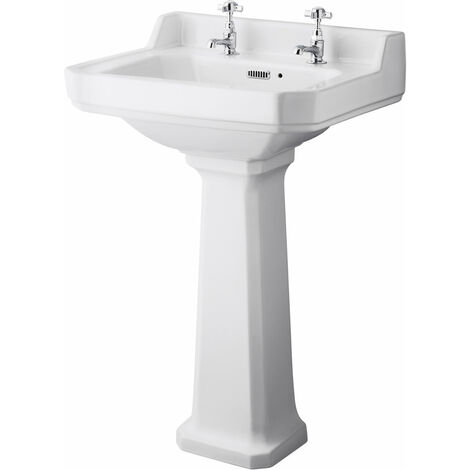 Milano Richmond 560mm x 450mm White Ceramic Full Pedestal Bathroom Basin Sink - 2 Tap Hole