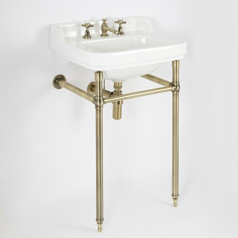 Milano Richmond - Traditional White Ceramic Bathroom Basin Sink with Three Tap Holes and Brushed Gold Washstand - 560mm x 450mm