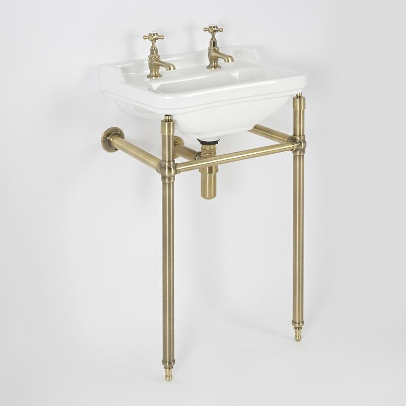 Richmond - Traditional White Ceramic Bathroom Basin Sink with Two Tap Holes and Brushed Gold Washstand - 500mm x 350mm - Milano