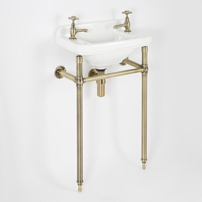 Richmond - Traditional White Ceramic Bathroom Basin Sink with Two Tap Holes and Brushed Gold Washstand - 515mm x 300mm - Milano