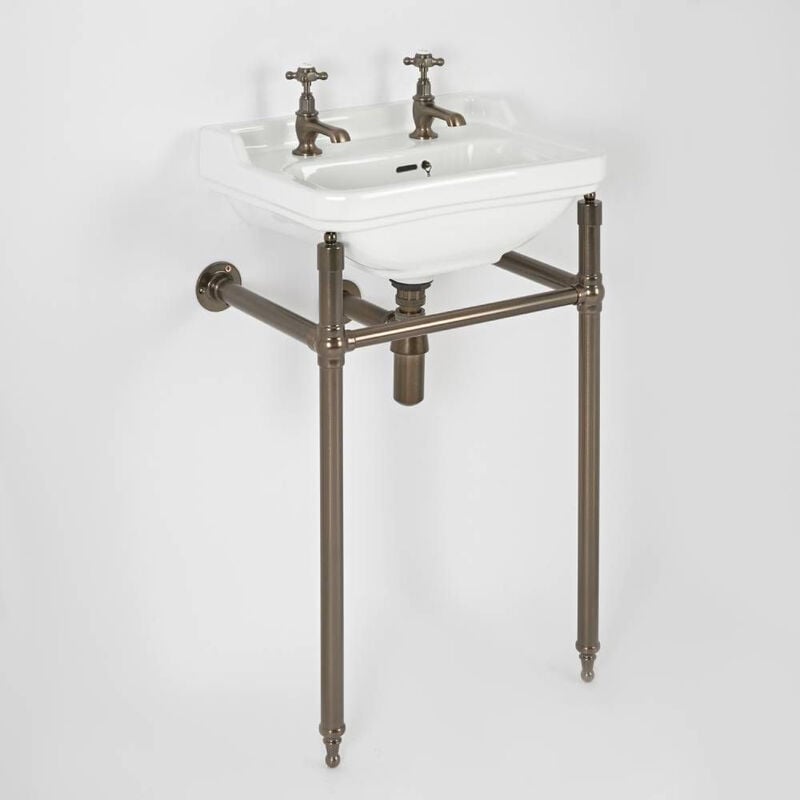 Richmond - Traditional White Ceramic Bathroom Basin Sink with Two Tap Holes and Oil Rubbed Bronze Washstand - 500mm x 350mm - Milano