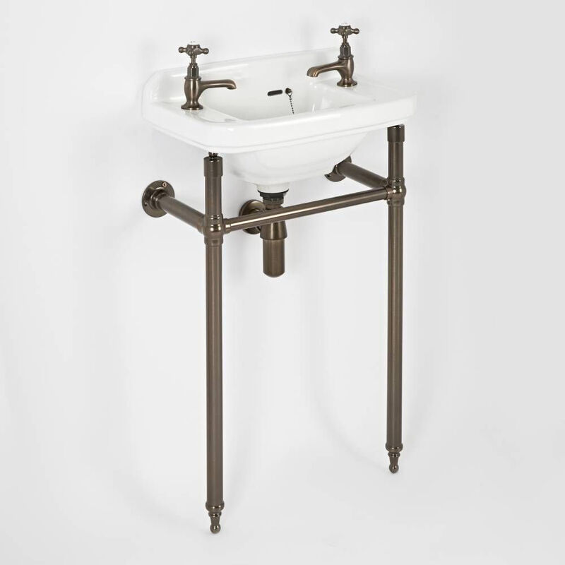 Richmond - Traditional White Ceramic Bathroom Basin Sink with Two Tap Holes and Oil Rubbed Bronze Washstand - 515mm x 300mm - Milano