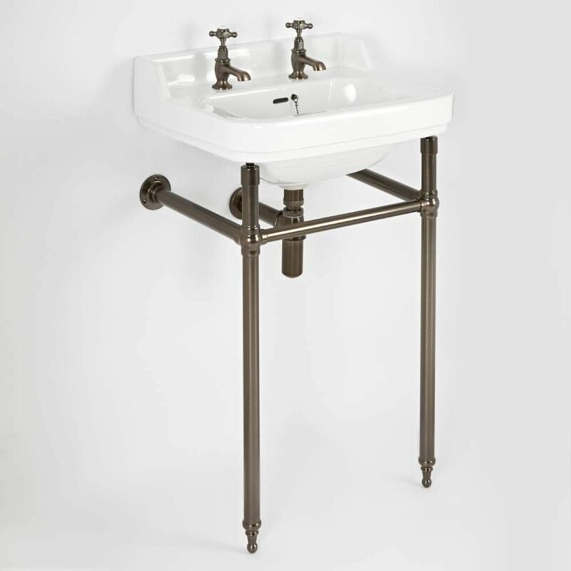 Richmond - Traditional White Ceramic Bathroom Basin Sink with Two Tap Holes and Oil Rubbed Bronze Washstand - 560mm x 450mm - Milano