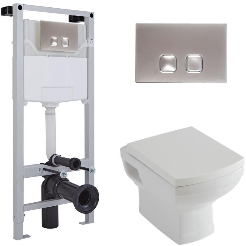 Milano Sandringham - White Ceramic Traditional Bathroom Wall Hung Toilet WC with Tall Wall Frame Cistern and Square Chrome Flush Plate