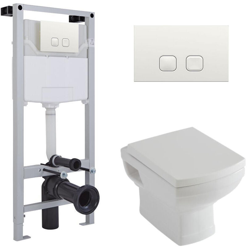 Milano Sandringham - White Ceramic Traditional Bathroom Wall Hung Toilet WC with Tall Wall Frame Cistern and Square White Flush Plate