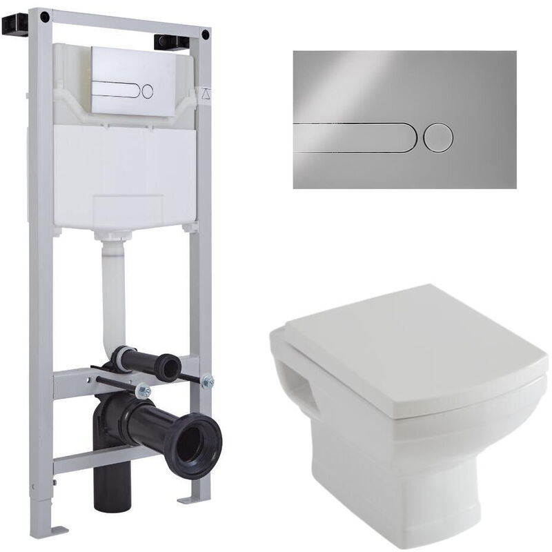 Milano Sandringham - White Ceramic Traditional Bathroom Wall Hung Toilet WC with Tall Wall Frame Cistern and Dot Chrome Flush Plate