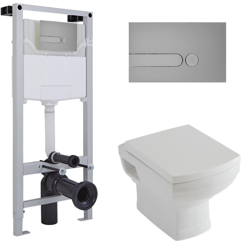 Milano Sandringham - White Ceramic Traditional Bathroom Wall Hung Toilet WC with Tall Wall Frame Cistern and Dot Satin Chrome Flush Plate