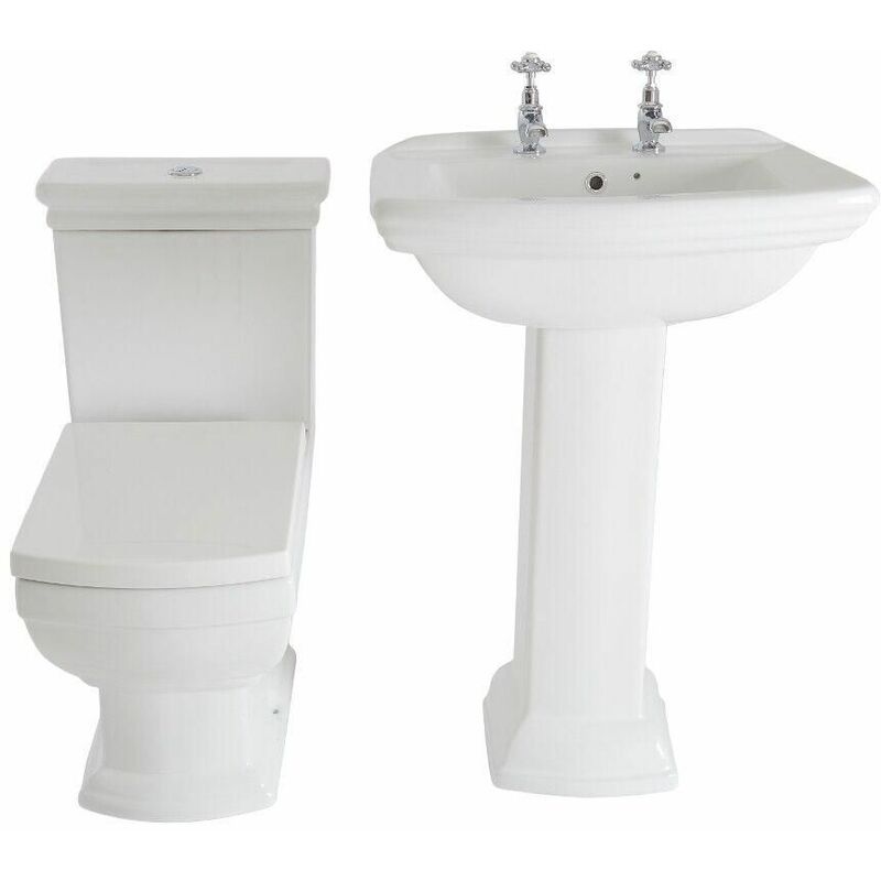 Milano Sandringham - White Traditional Ceramic Close Coupled Toilet WC and Full Pedestal Bathroom Basin Sink with Two Tap Holes