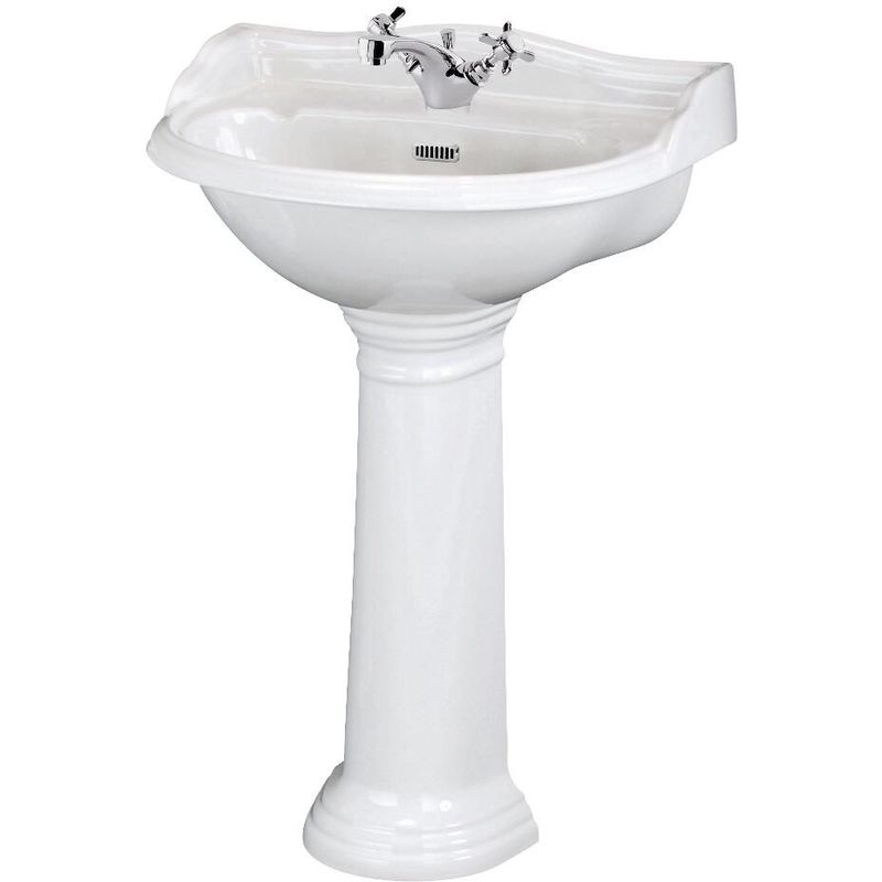 Towneley - Traditional White Ceramic Bathroom Basin Sink with Full Pedestal and One Tap Hole - 600mm x 495mm - Milano