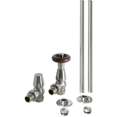 Milano Windsor Angled Thermostatic Radiator Valve TRV and Pipe Set - Satin Nickel