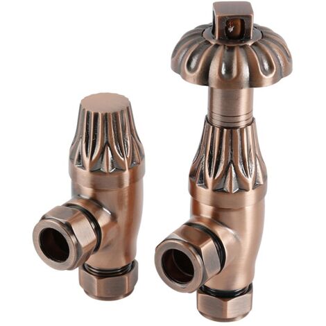 Milano Windsor Antique Style Thermostatic Angled Radiator Valves Pair - Antique Copper