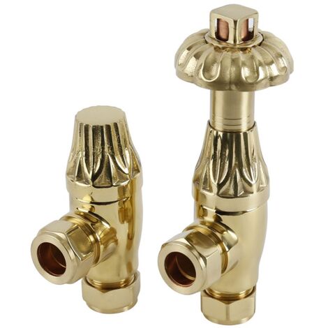 Milano Windsor Antique Style Thermostatic Angled Radiator Valves Pair - Polished Brass