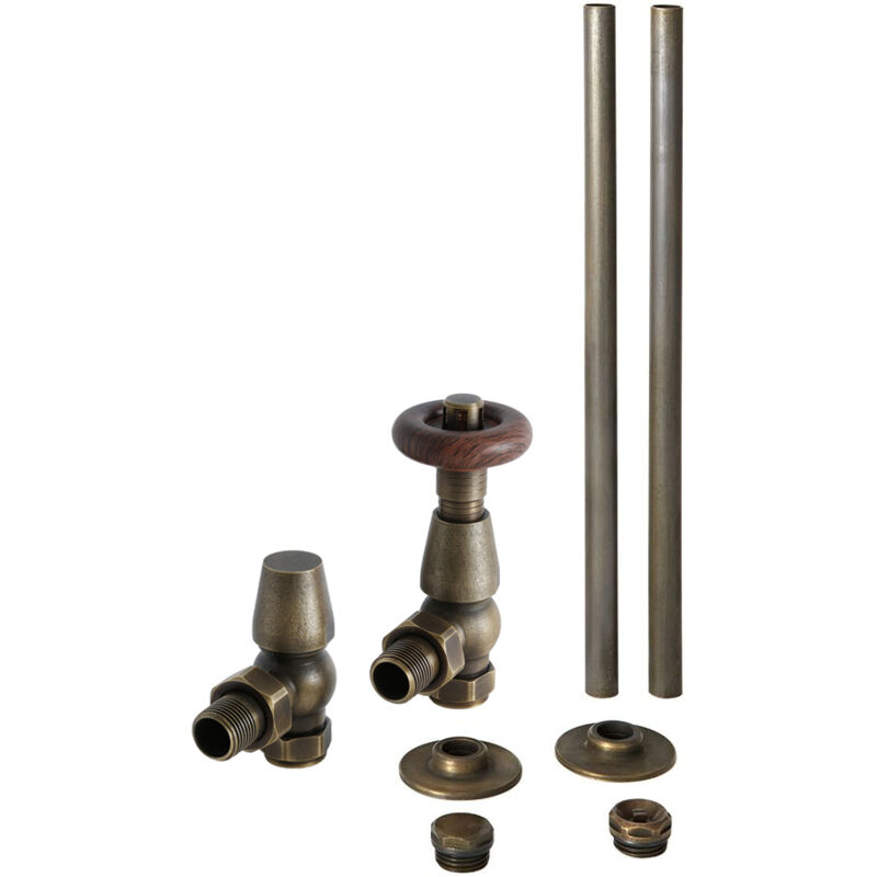 Windsor - Traditional Angled Thermostatic Radiator Valve TRV and Pipe Set - Aged Bronze - Milano