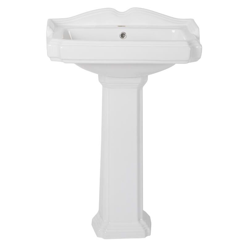 Windsor - Traditional White Ceramic Bathroom Basin Sink with Full Pedestal and One Tap Hole - 590mm x 495mm - Milano