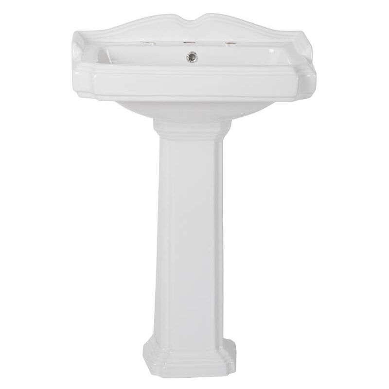 Milano Windsor - Traditional White Ceramic Bathroom Basin Sink with Full Pedestal and Three Tap Holes - 590mm x 495mm