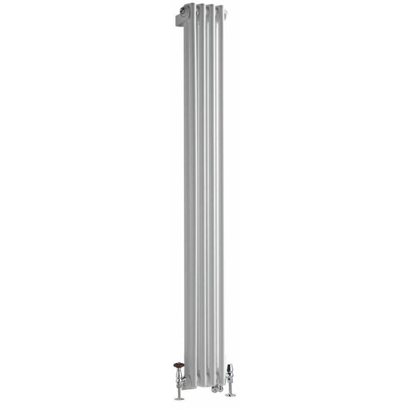 Milano Windsor - Traditional Cast Iron Style White Vertical Double Column Dual Fuel Electric Radiator with Brass Angled Thermostatic Valves - 1500mm