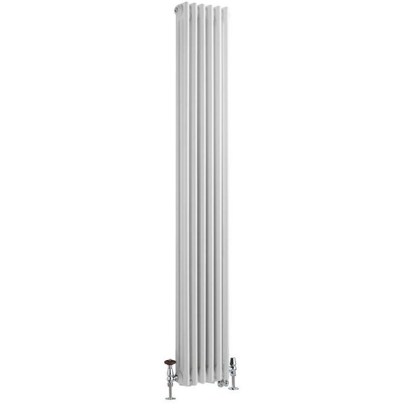 Milano Windsor - Traditional Cast Iron Style White Vertical Triple Column Dual Fuel Electric Radiator with Brass Angled Thermostatic Valves - 1800mm