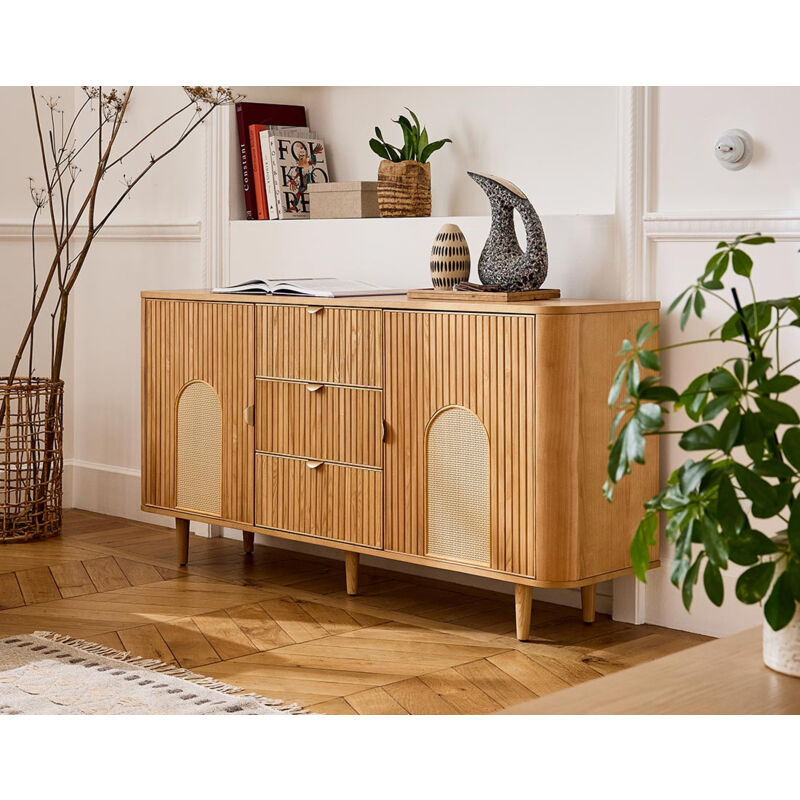 Lisa Design - Milazzo - buffet bas - bois plaqué chêne et cannage - 160 cm