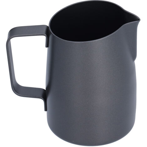 Milchkännchen aus Edelstahl 304 mit abgewinkeltem Ausgießer, 400 ml, schwarz, PTFE-Beschichtung zum Aufschäumen von Milch, Kaffeezubehör