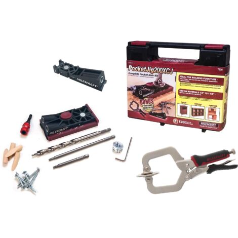 Milescraft 7336 Pocket Jig 200XCJ - Pacchetto di fori tascabili con doppia maschera a foro tascabile, maschera a foro tascabile a canna singola, morsetto viso da 5,1 cm e accessori necessari per