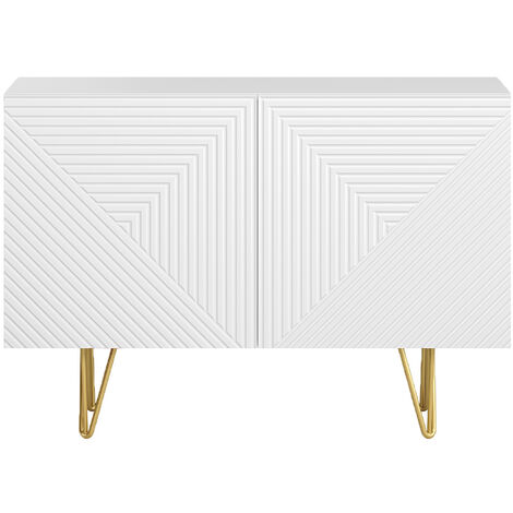 Miliboo – Buffet blanc mat 2 portes L107 cm – Métal doré – Design chevronné – Pour cuisine, salle à manger ou bureau