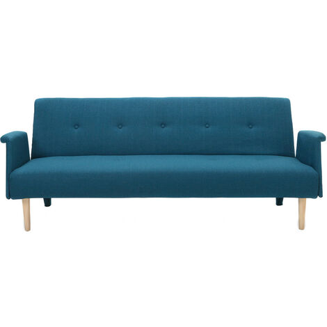 Miliboo – Canapé convertible scandinave 3 places en tissu bleu canard – Dossier capitonné – Piètement en frêne – Couchage 178x107 cm