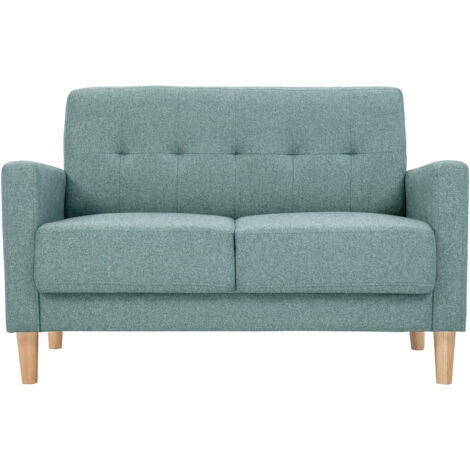 Miliboo – Canapé droit 2 places en tissu vert de gris – Dossier capitonné – Piètement en hévéa massif – Dimensions L123 x P69 x H80 cm