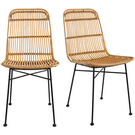 Miliboo – Lot de 2 chaises en rotin noir et métal – Dimensions assise L41 x P42 x H48 cm – Style rétro pour salle à manger moderne