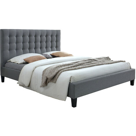 Miliboo – Lit adulte 160x200 cm en tissu polyester gris clair capitonné – Sommier en lattes bois – Hauteur tête de lit 116 cm – Confort optimal pour lecture