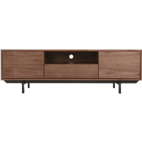 Miliboo – Meuble TV vintage en bois foncé L160 cm – Niche ouverte et tiroirs – Panneaux placage noyer – Pieds métal noir