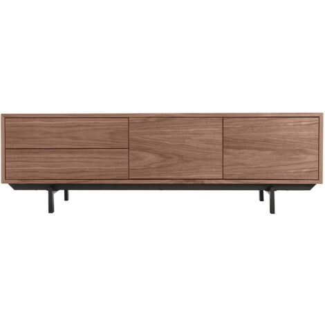 Miliboo – Meuble TV vintage en bois foncé L160 cm – Rangement fermé – Panneaux MDF placage noyer – Pieds métal noir – Pour équipements électroniques