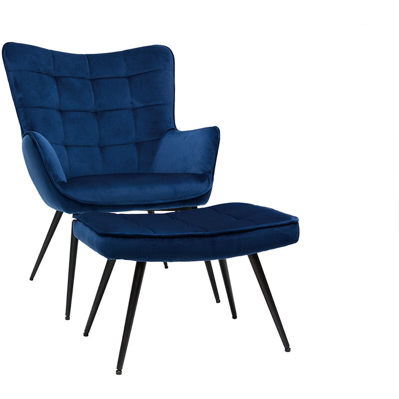 Miliboo - Sessel mit blauer Samt-Fußstütze MOOD - Dunkelblau