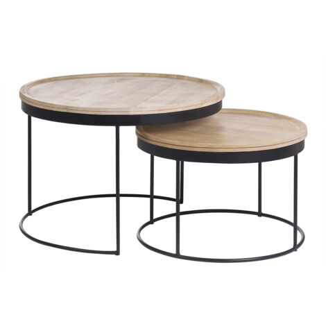 Miliboo – Tables basses gigognes rondes en manguier massif et métal noir – Dimensions 75x75x52 cm et 61x61x41 cm – Artisanales et empilables