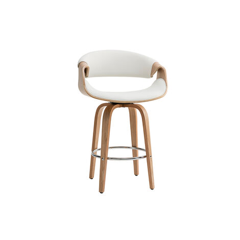 Miliboo – Tabouret de bar blanc et bois clair 65 cm – Assise pivotante 360° – Dossier en polyuréthane rembourré – Repose-pied en acier chromé