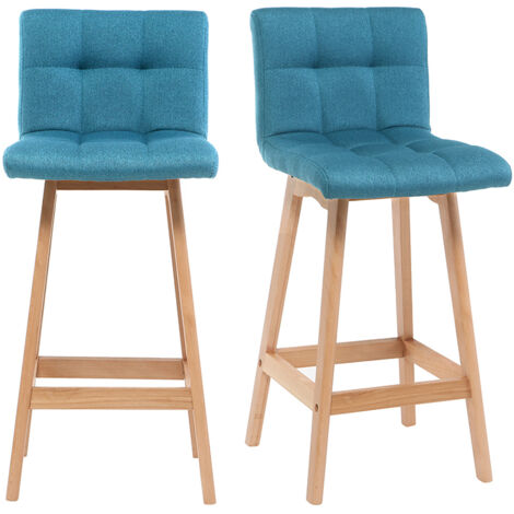 Miliboo – Lot de 2 tabourets de bar en bois hêtre et tissu bleu canard – Hauteur d'assise 65 cm – Design scandinave pour îlot central