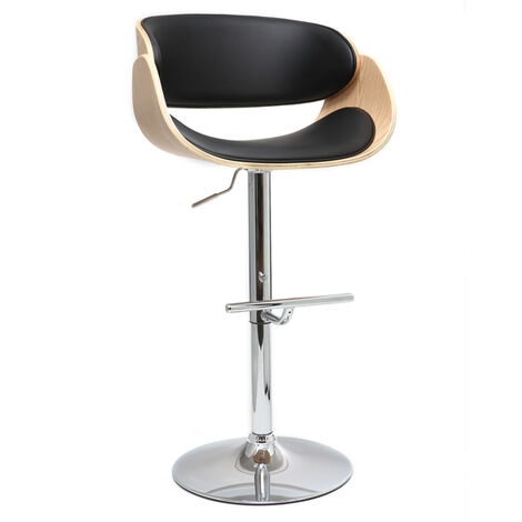 Miliboo – Tabouret de bar réglable noir et bois clair – Assise en polyuréthane – Hauteur 61.5-83.5 cm – Pivote 360° – Pied en acier chromé