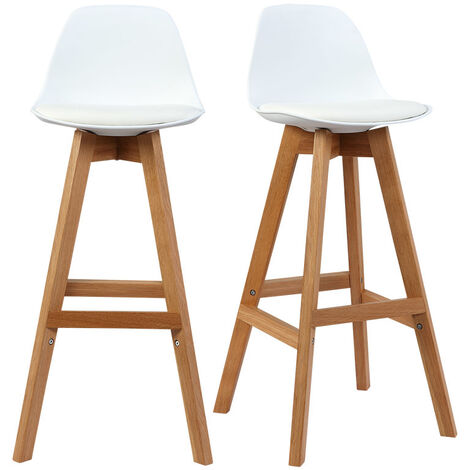 Miliboo – Tabouret de bar scandinave blanc et bois – Lot de 2 – Hauteur d'assise 65 cm – Assise en polypropylène rembourrée – Pieds en hêtre