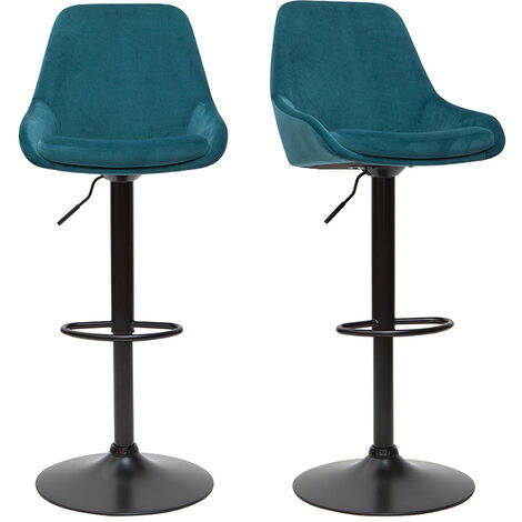 Miliboo – Tabourets de bar réglables en velours bleu pétrole – Assise pivotante 360° – Hauteur 64-86 cm – Lot de 2 – Dossier haut et repose-pied