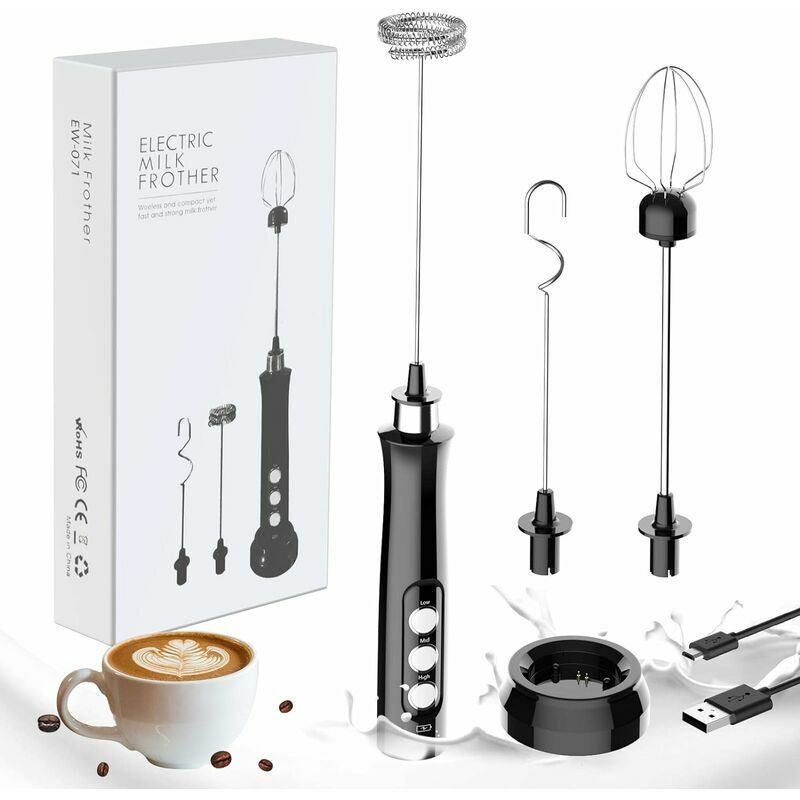 Lling Milk Frother, Portable Electric Foam Maker, 3 In 1 Drink Mixer, Usb Charging Station With 3 Stainless Steel Whisks For Coffee, Milk And Kitchen Black