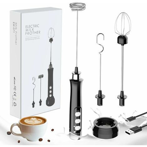 Milk Frother, Portable Electric Foam Maker, 3 in 1 Drink Mixer, USB Charging Station with 3 Stainless Steel Whisks for Coffee, Milk and Kitchen Black