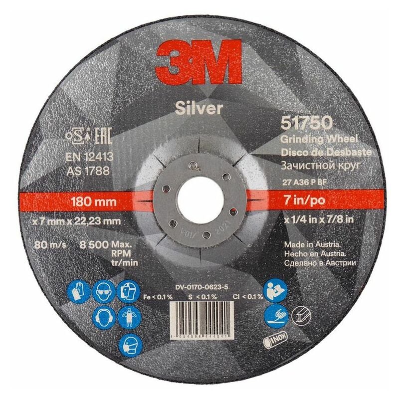 3M Silver Depressed Centre Grinding Wheel, T27, 178 mm x 7 mm x 22.2 mm