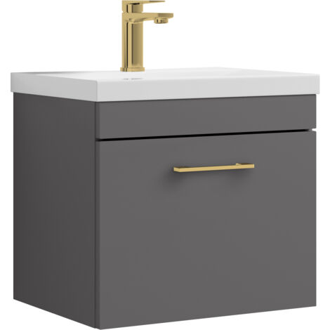 Millwich 1 Drawer Wall Hung Vanity Basin Unit - 500mm - Gloss Grey with Brushed Brass D-shaped handle (Tap Not Included)